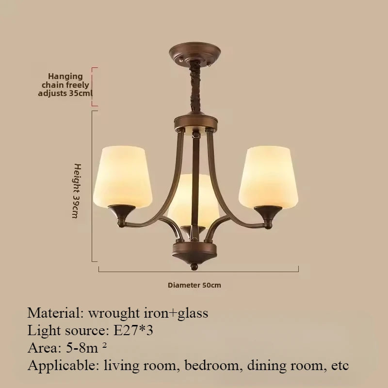 lustre ancien rétro bronze chandelier abatjour opaques traditionnel salon chambre principal