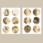 médailles vintage romantique fleurs vêtements historiques accessoires scènes urbaines beige noir rouge bleu vert
