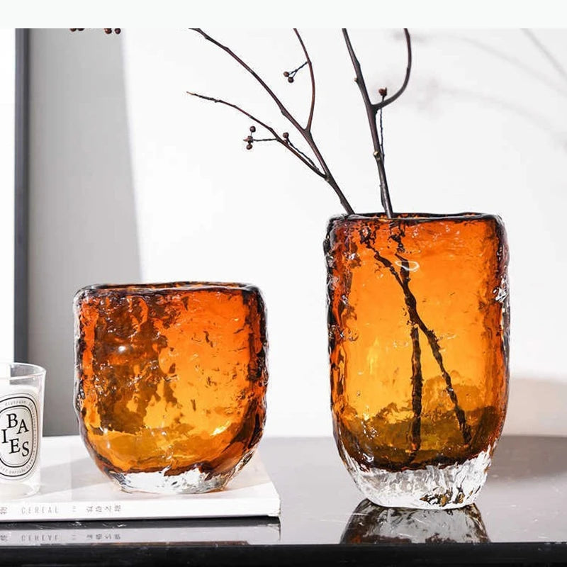 vase verre ambré motif texturé moderne décoration table arrangement fleursbranches fleurs séchées poppies physalis