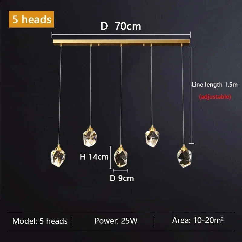 lampe suspendue or transparent cristal facettes géométriques moderne élégante tringles câbles