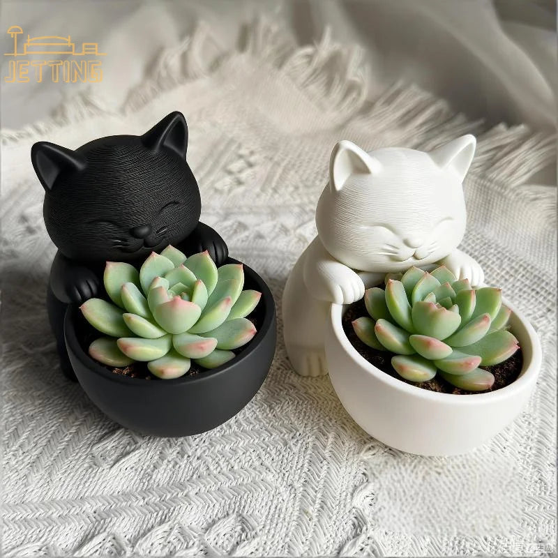 cache pot forme chat noir blanc gris texture cuir moderne minimaliste drainage succulentes cactus