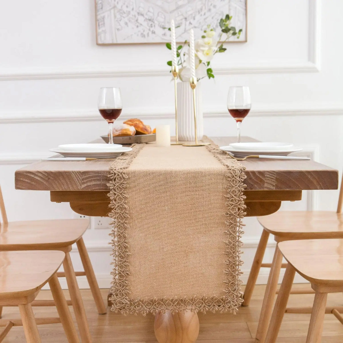 nappe table tissu jute beige rustique bordure ajourée noël halloween printemps opaque farmhouseDecoration