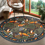 tapis rond moderne renards forêt feuilles fleurs bleu orange vert chambre enfant salon