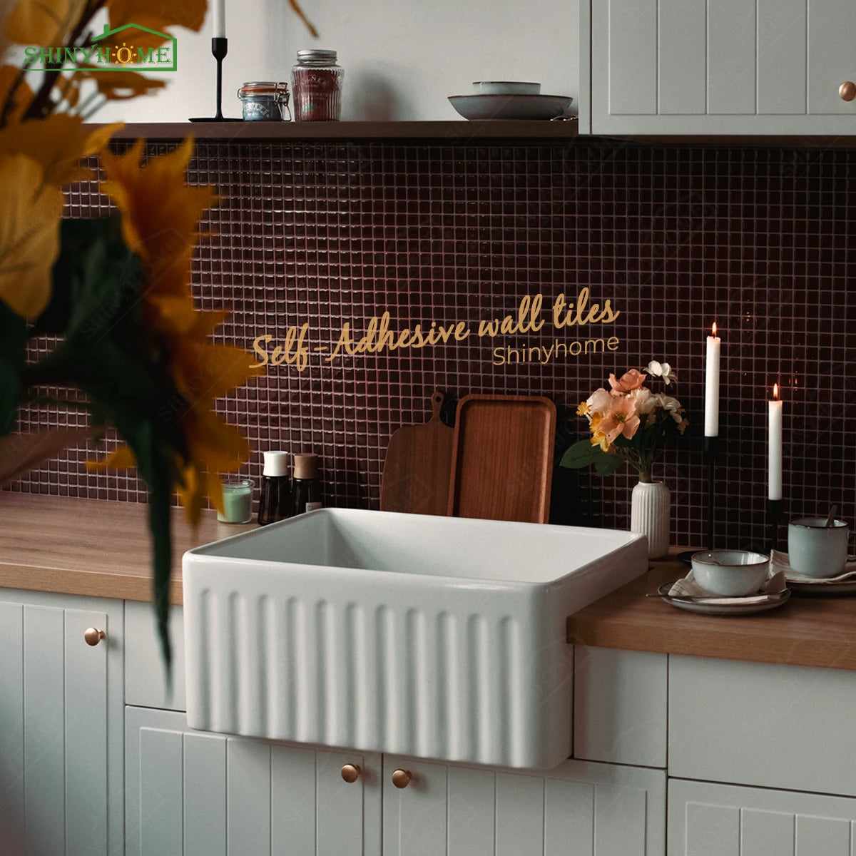 carreaux muraux auto adhésifs mosaïque carrée moderne marron foncé vert résistants eau pack 10