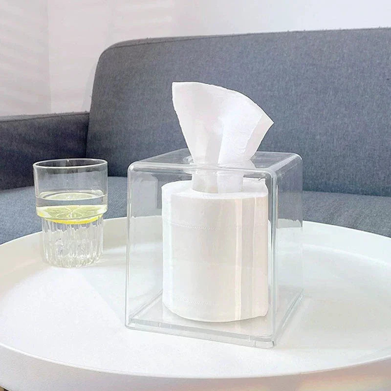 boîte mouchoirs transparente moderne minimaliste papier toilette utilisation pratique élégante intérieur salon salle bains