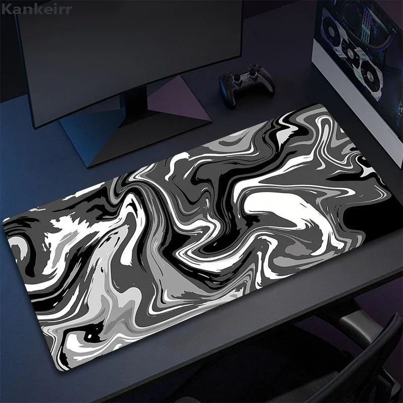 grand tapis gamer cuir noir blanc motif marbré moderne abstrait