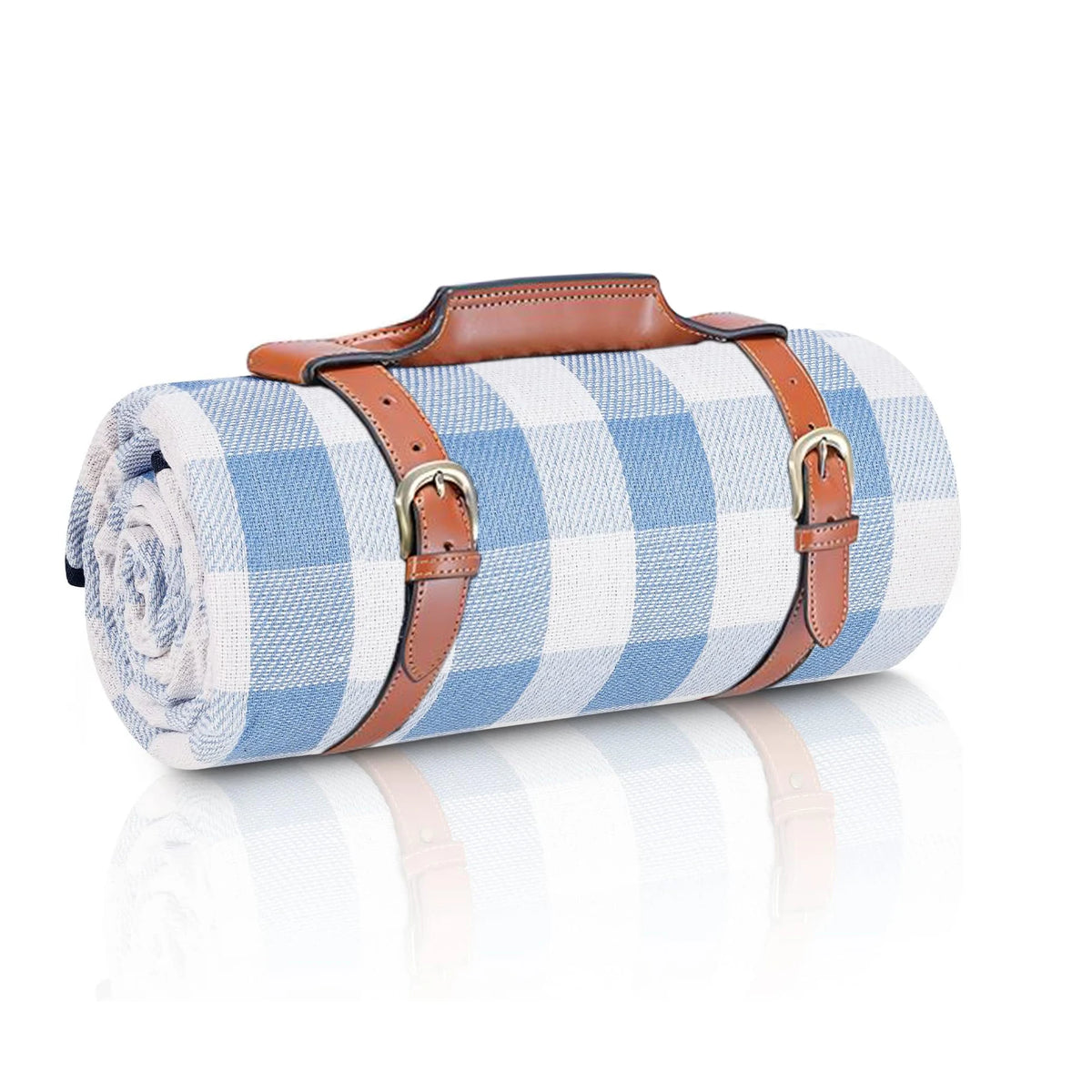 couverture pique nique bleu marine rayures horizontales ceintures marron imperméable pliable extérieure camping plage