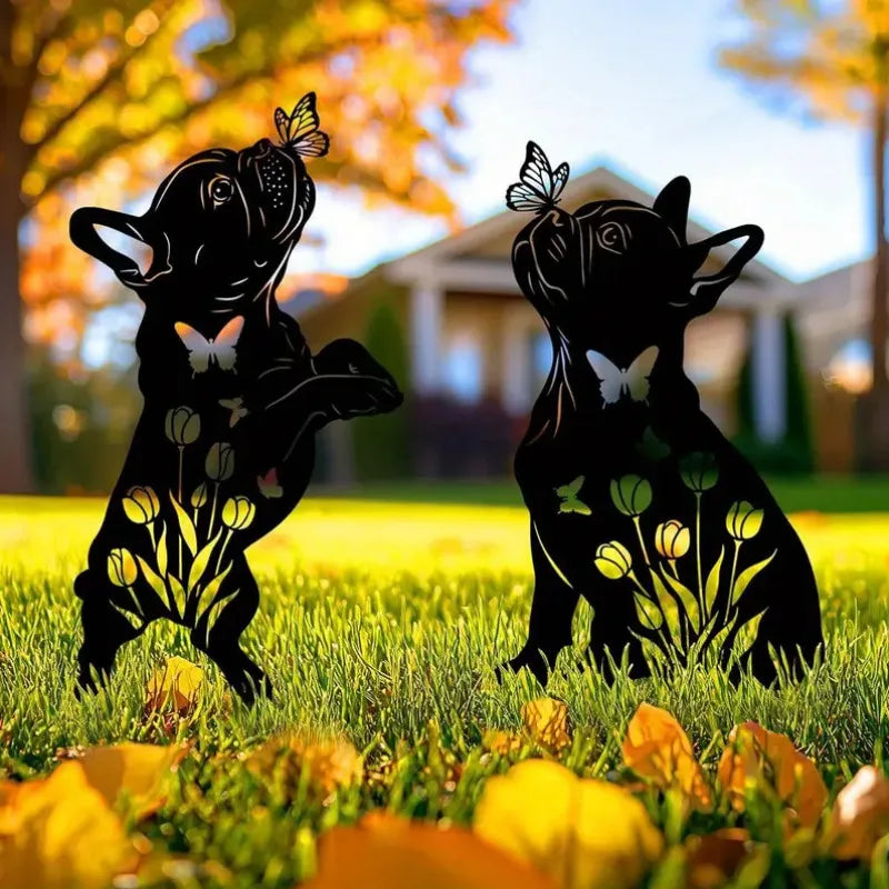 décoration jardin chien bouledogue français silhouette fleurs papillons métal noirextérieur moderne champêtre