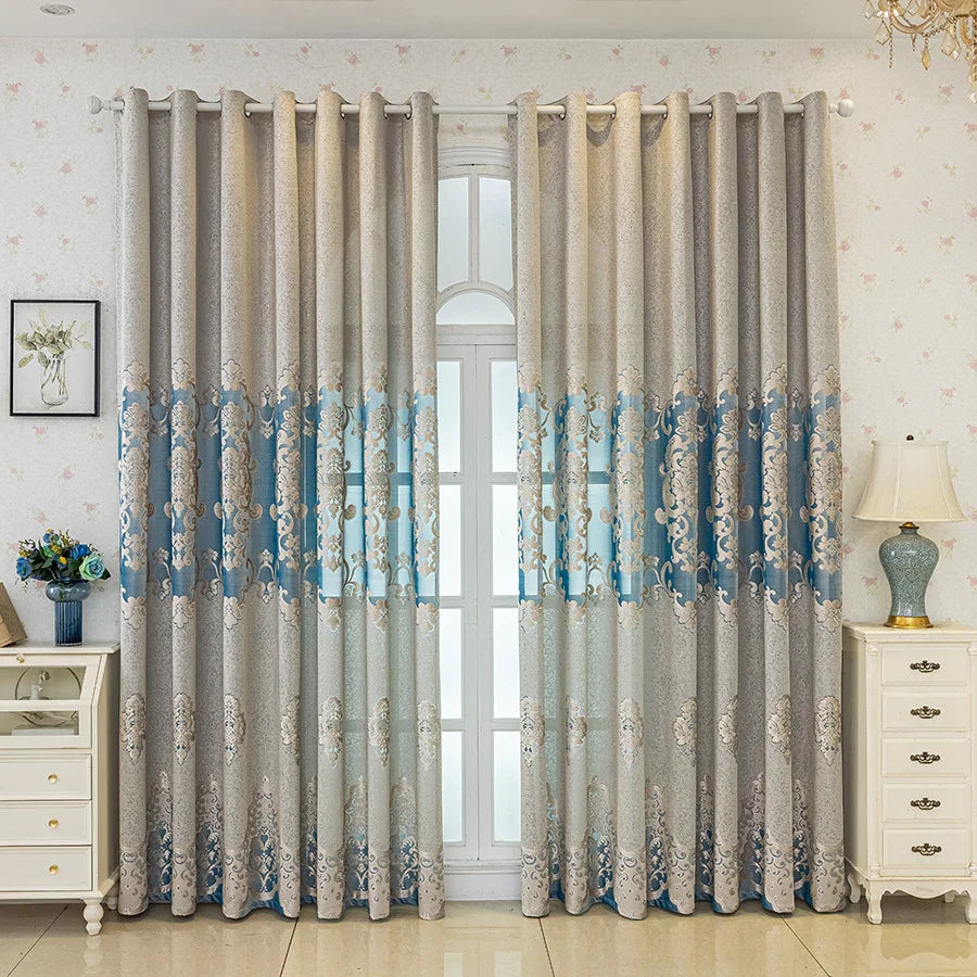 rideaux polyester broderie florale semi opaque classique beige bleu clair gris
