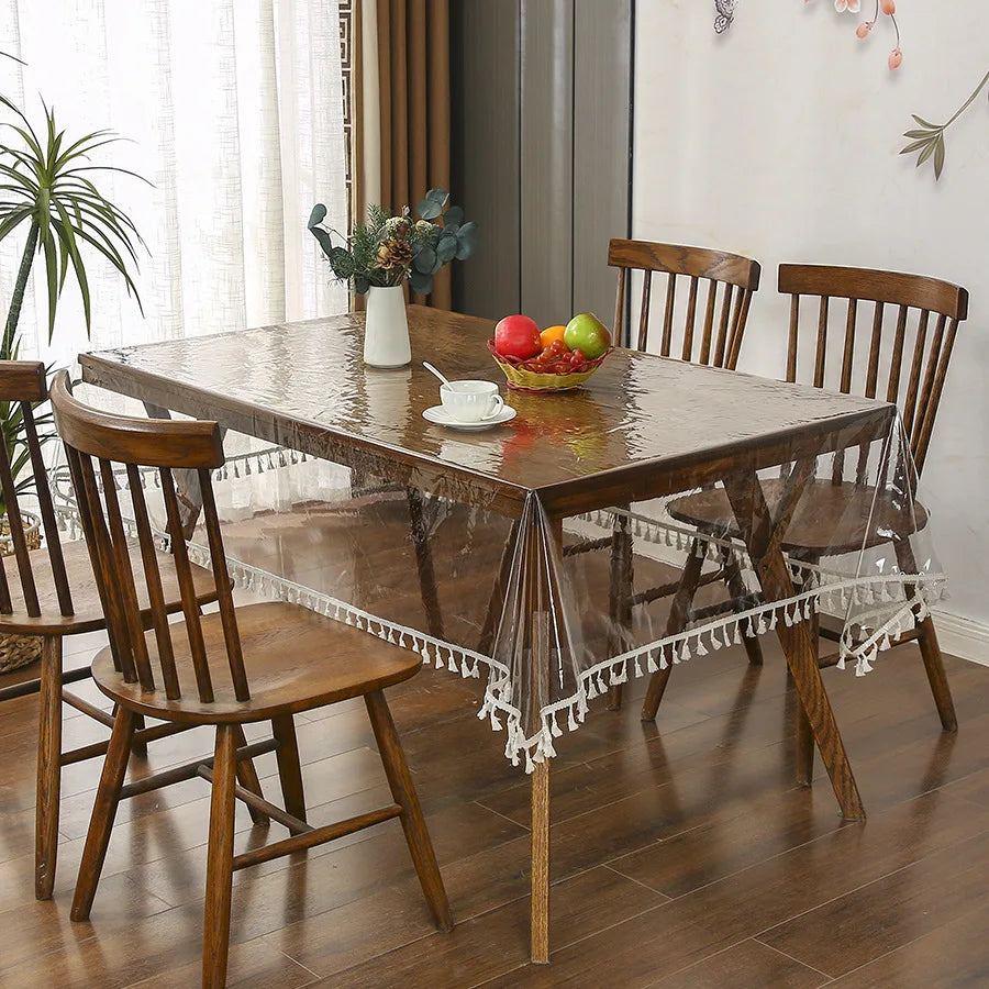 nappe table transparente franges blanches moderne imperméable extérieur mariage banquet haute qualité PVC