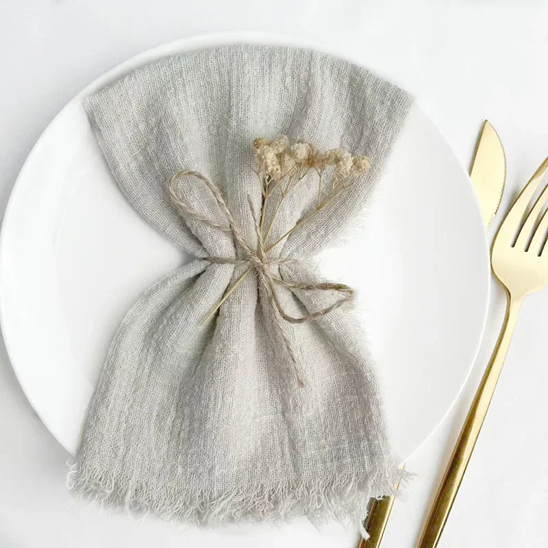 lot dix serviettes table coton beige clair franges rustiques mariage décoration chic maison