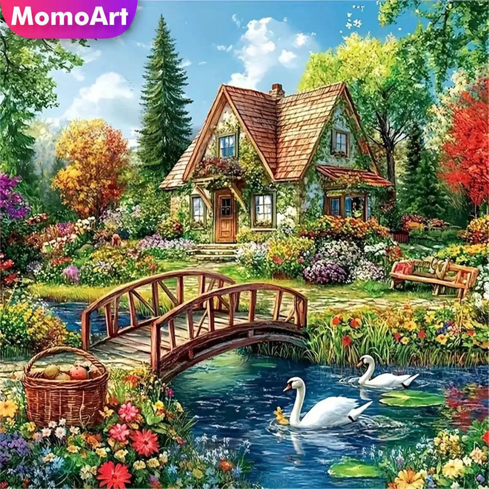 tableau diamant paysage montagne rivière multicolore maison pont fleurs cygnes outils adhésif DIY decoration