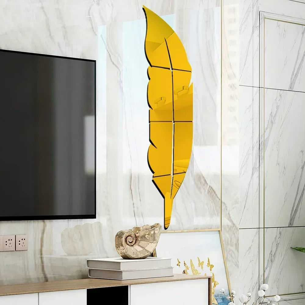 miroir mural adhésif plume stylisée décoration salon moderne acrylique argenté doré grand