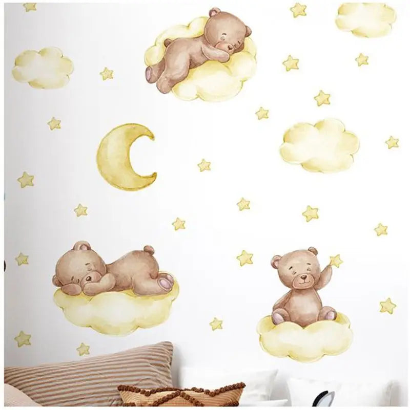 stickers muraux ours peluche rose bleu nuages bonne nuit décoration enfant illustration douce