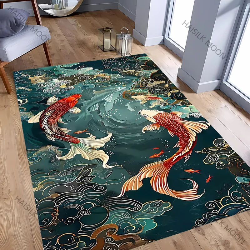 Tapis salon rectangulaire carpe koi 3D