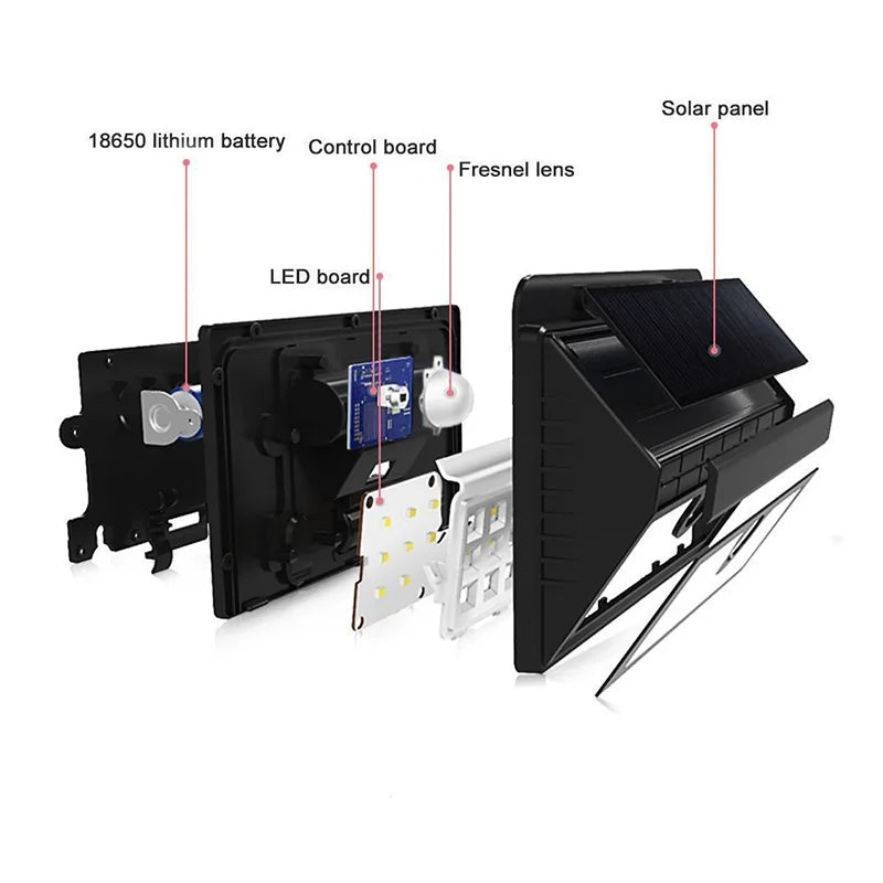 lampe solaire murale moderne noire ip65 induction led lithium batterie 1200mah fresnel oeilletsextérieur