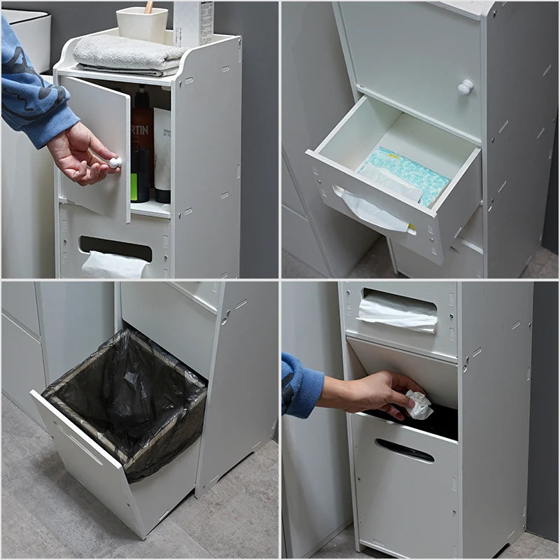 meuble rangement salle bain blanc moderne tiroir déchets étagères étroites