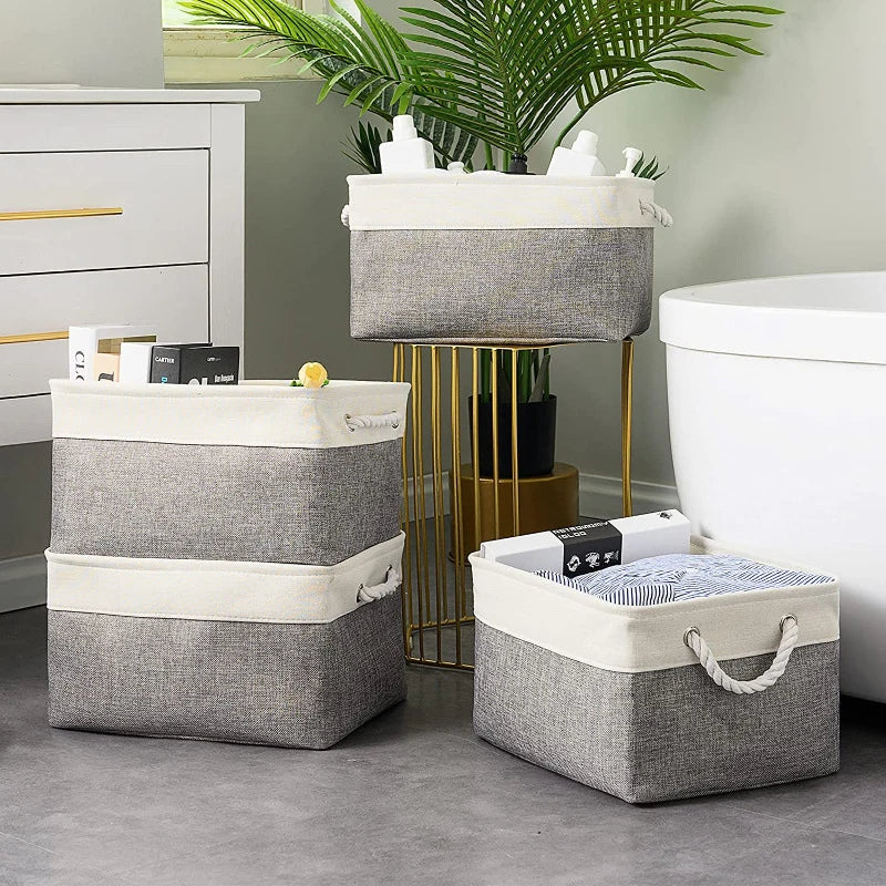 boîtes rangement pliables tissu lin moderne beige gris vert olive poignées corde respectueux environnement
