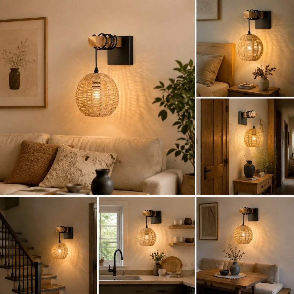 lampe murale moderne rustique marron clair corde bambou tissée plaque fixation câble noir 17cm