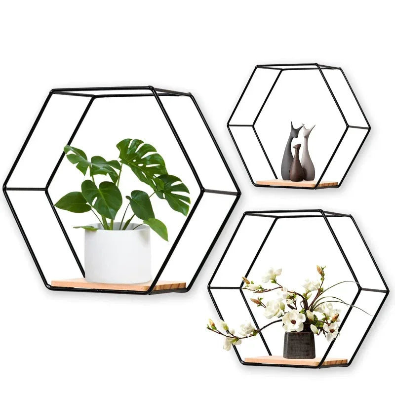 étagère murale hexagonnelle moderne plateau bois cadre métallique noir minimaliste chambre rangement décoration maison
