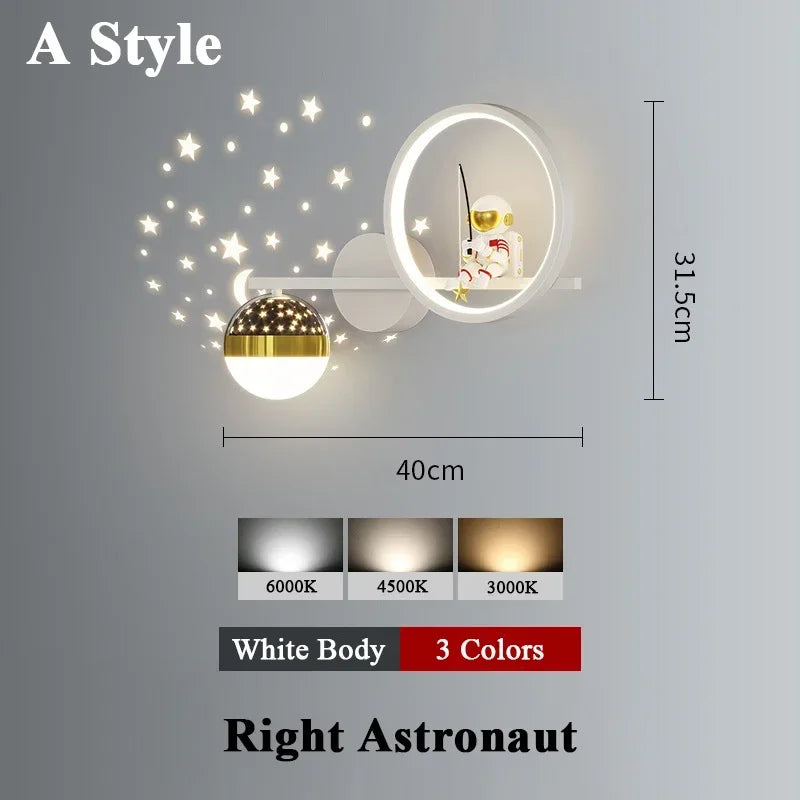 applique murale moderne astronaute étoile dorée noir blanc led chambre enfants