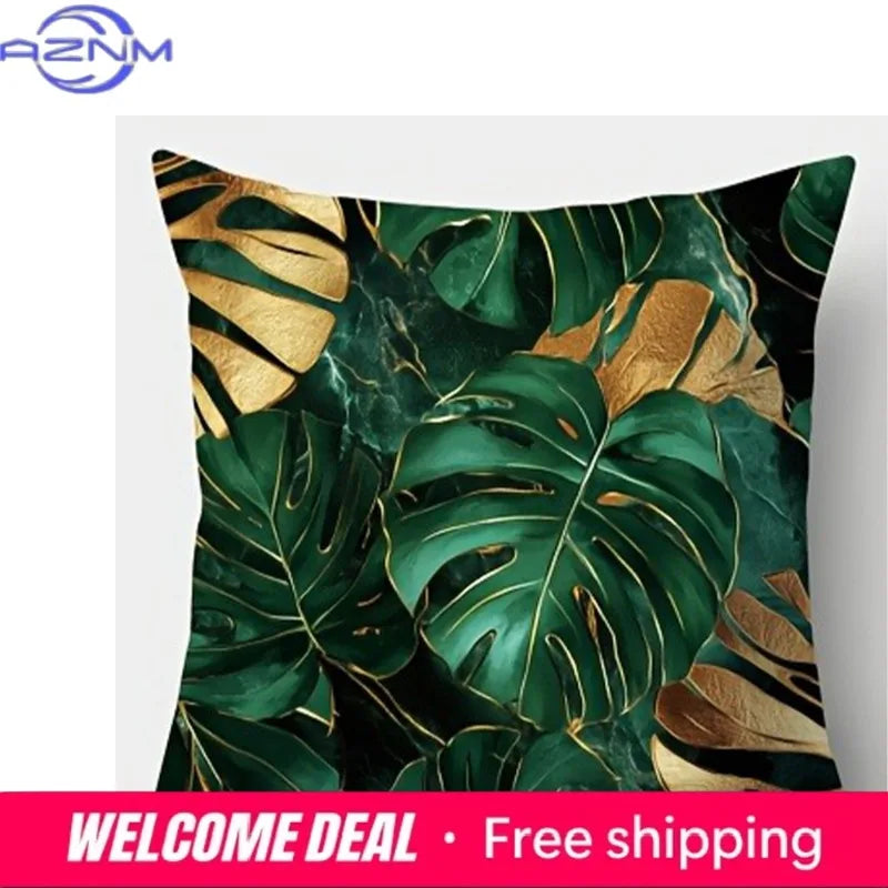 taies d'oreiller jacquard feuilles tropicales vert doré moderne 45x45cm lit maison decoration chambre comfort