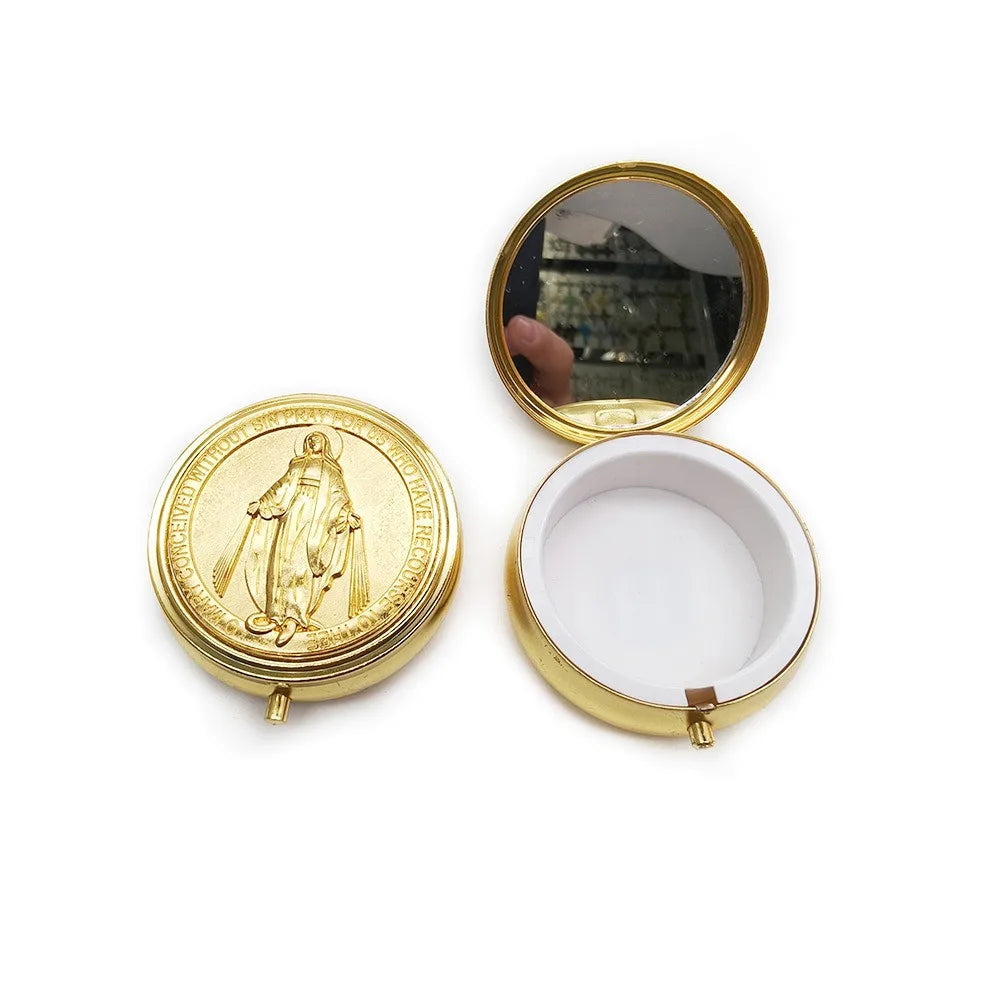 miroir compact argenté bleu doré violet rose religieux classique vierge marie texte