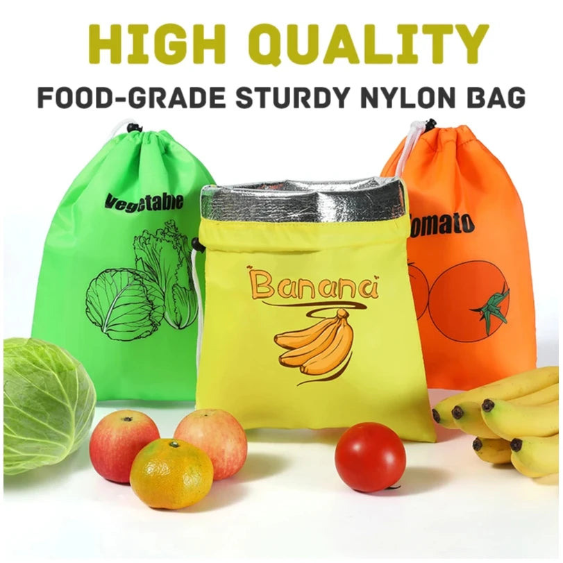 sac rangement fruits légumes polyester écologique imprimé bananes tomates choux moderne pratique cuisine