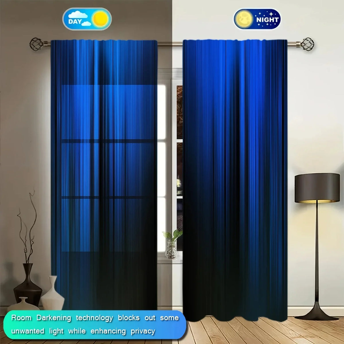 rideaux imprimés rayures bleu marine noir opaques modernes anneaux métalliques 107cmX160cm 2pcs Polyester