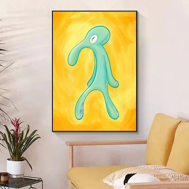toile d'art moderne abstraite calmar dessin animé verte jaune impression sans cadre chambre salon