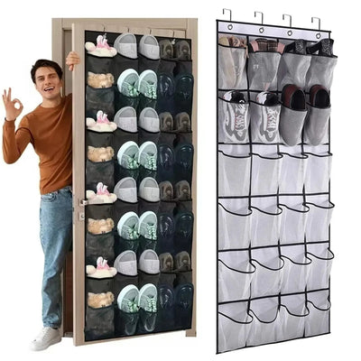 rangement chaussures suspendu 28 poches maille respirante crochets métalliques noir moderne ajustable porte organisateur