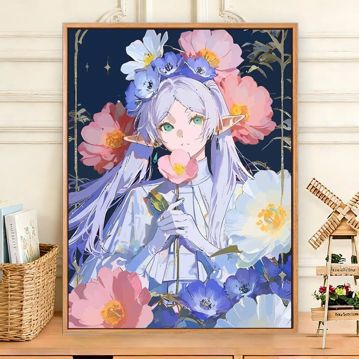 peinture numéro fleurs elfe bleu blanc vert rose toile adulte numérique