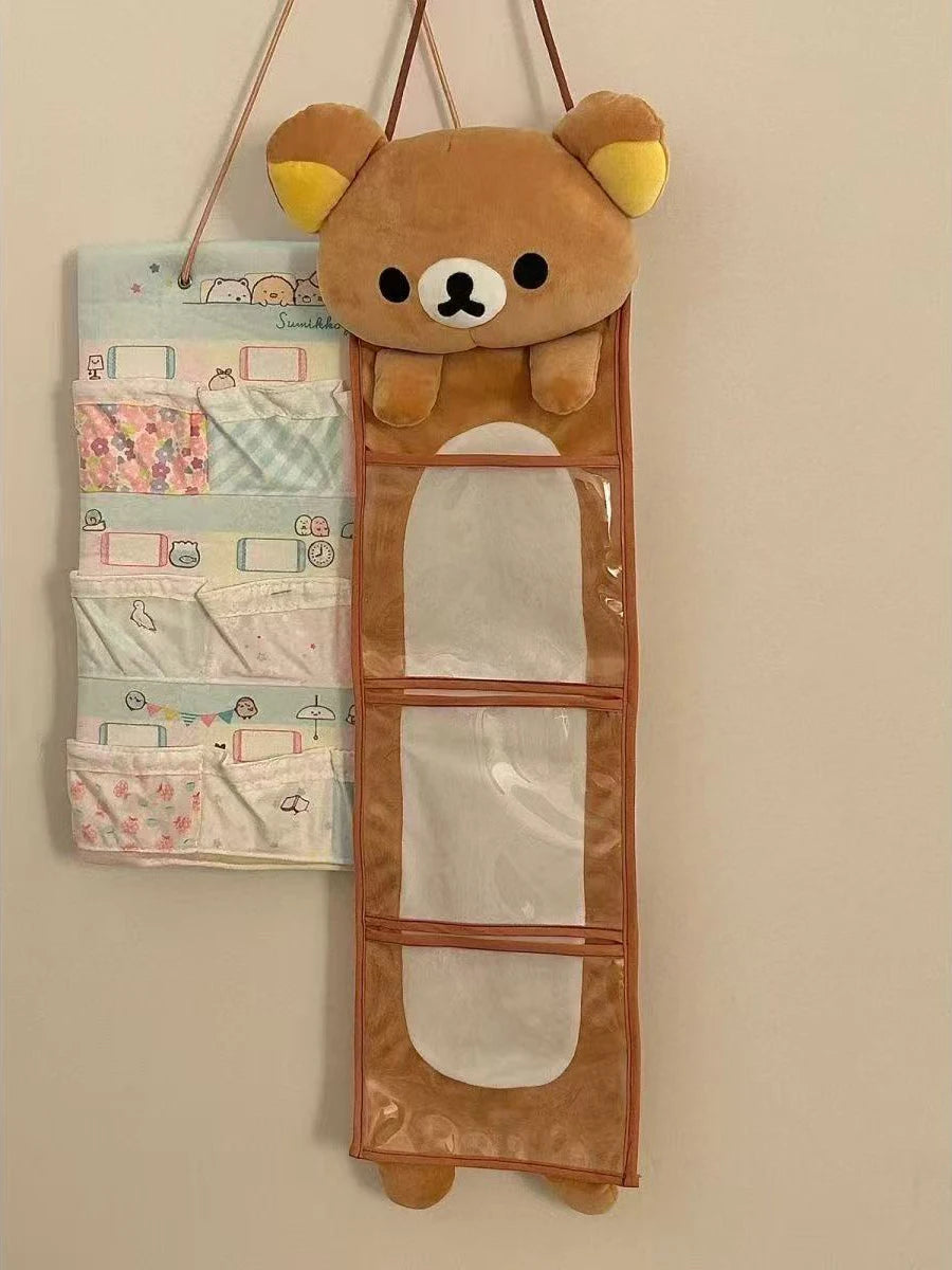 sac rangement mural peluche ours marron clair mignon crochets métalliques poignées cuir compartments plastique
