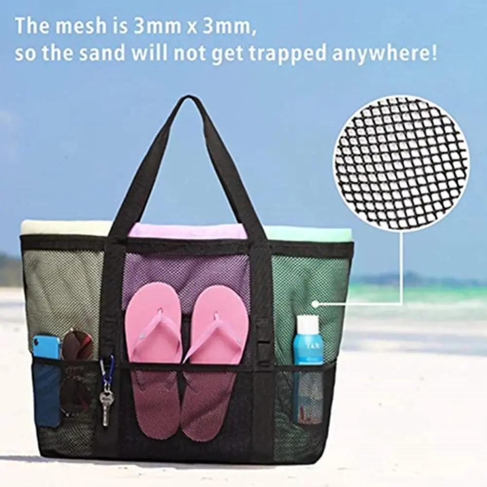 Sac plage violet noir bleu clair vert rose maille respirante réutilisable moderne poignées