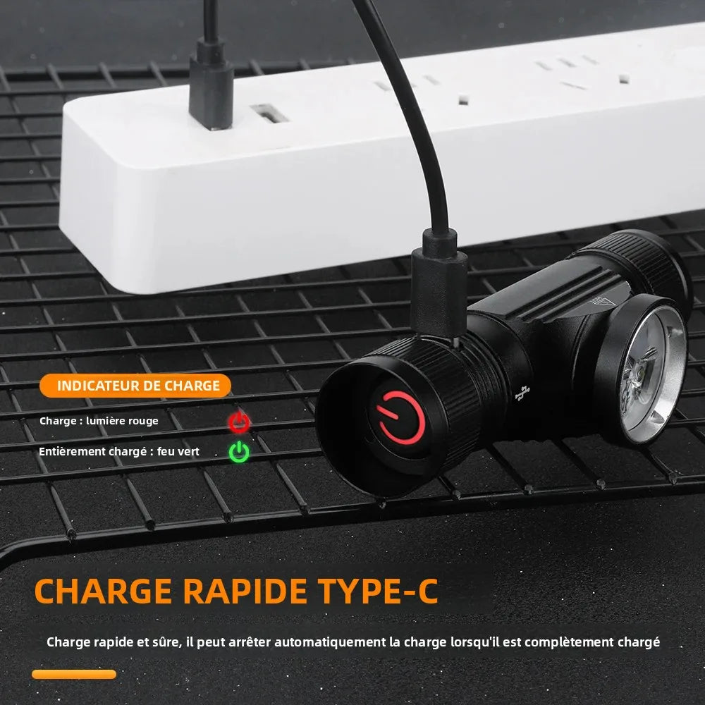 lampe frontale led rechargeable type 10w noir bandeau élastique réfléchissant moderne utilitaire camping