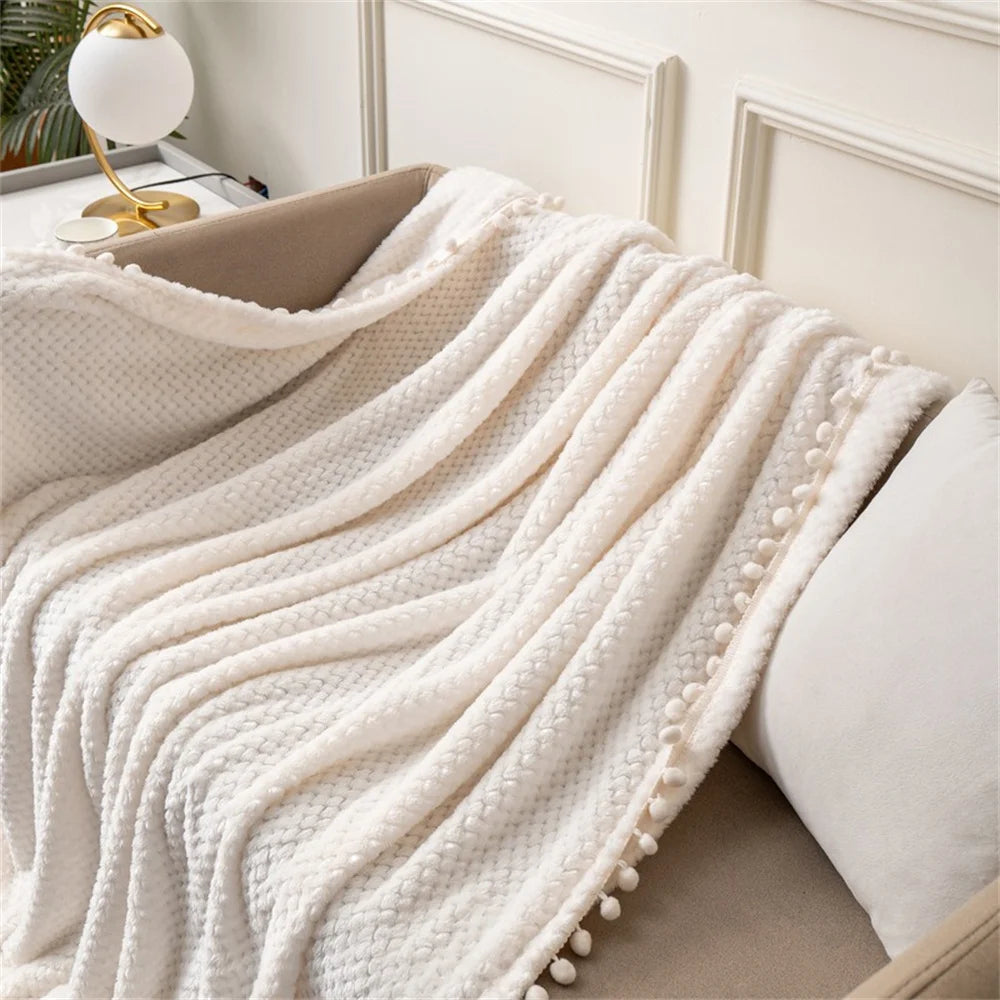 couverture tricotée polyester blanc motif pompons douce hiver décoration chambre coucher