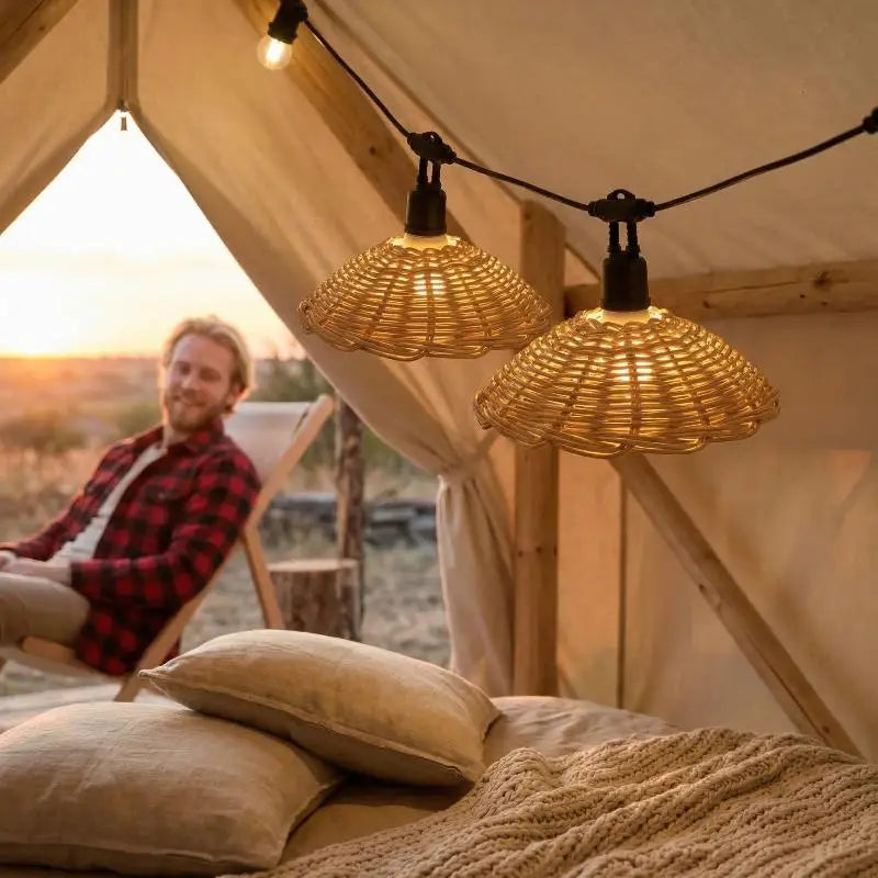 lampe suspendue tressée rotin naturelle rustique boho chic tringle opacité intérieur decoration