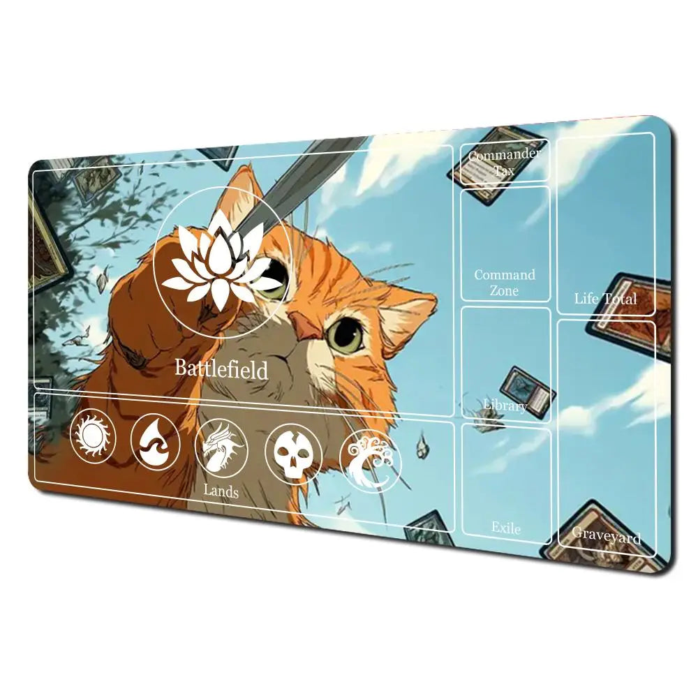 tapis jeu playmat chat épée cartes géométrique orange noir rouge illustration animateur