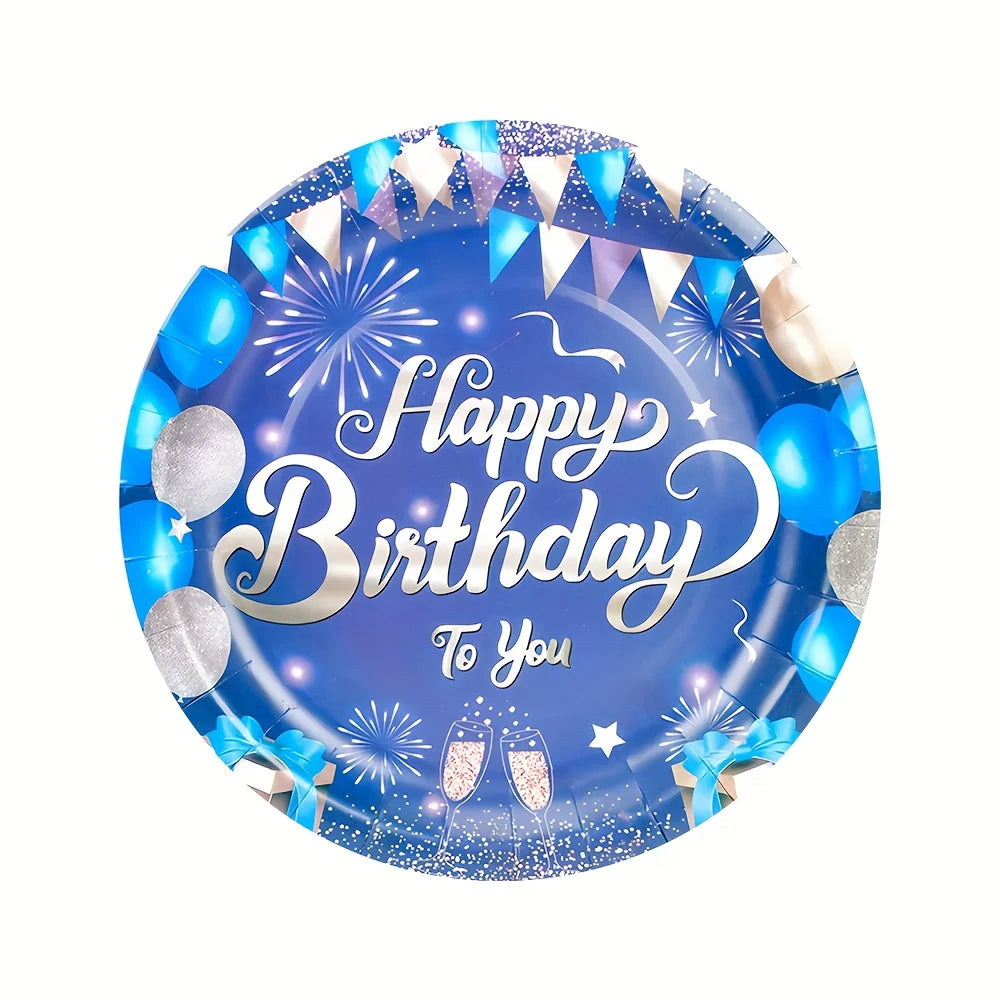 assiettes gobelets serviettes bleu argent happy birthday feux artifice anniversaire ballons étoiles guirlandes jetables