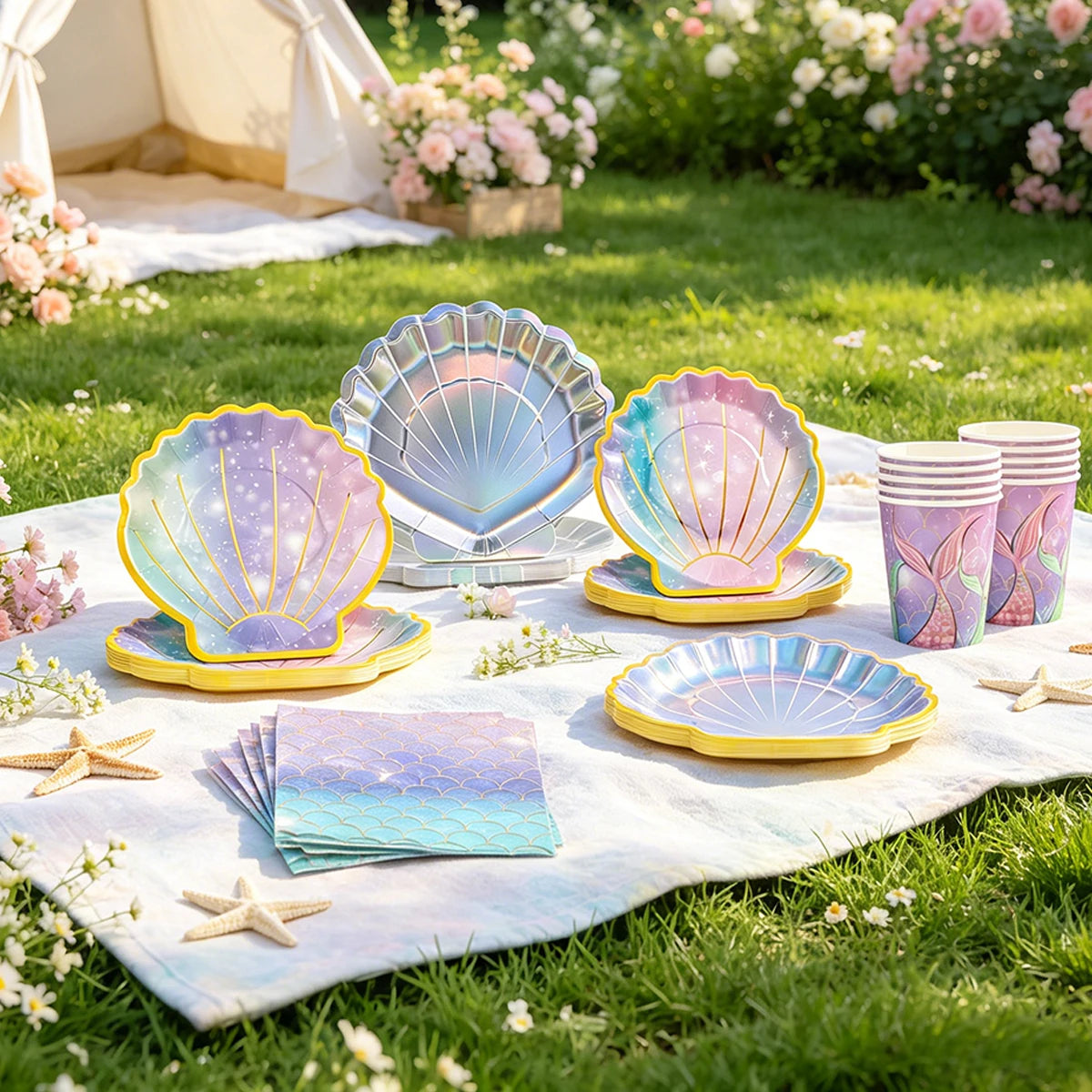 vaisselle jetable sirène violet bleu paillettes assiettes gobelets serviettes mariage anniversaire festives