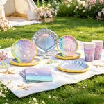 vaisselle jetable sirène violet bleu paillettes assiettes gobelets serviettes mariage anniversaire festives