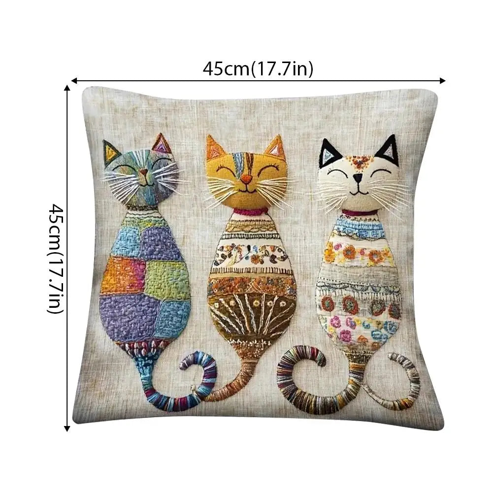 housse coussin bohème trois chats stylisés fond beige texturé coton polyester multicolore deco maison