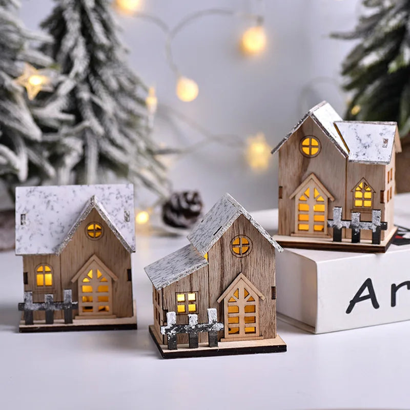 décorations noël miniatures maison bois naturel rustique vintage porte fenêtre led