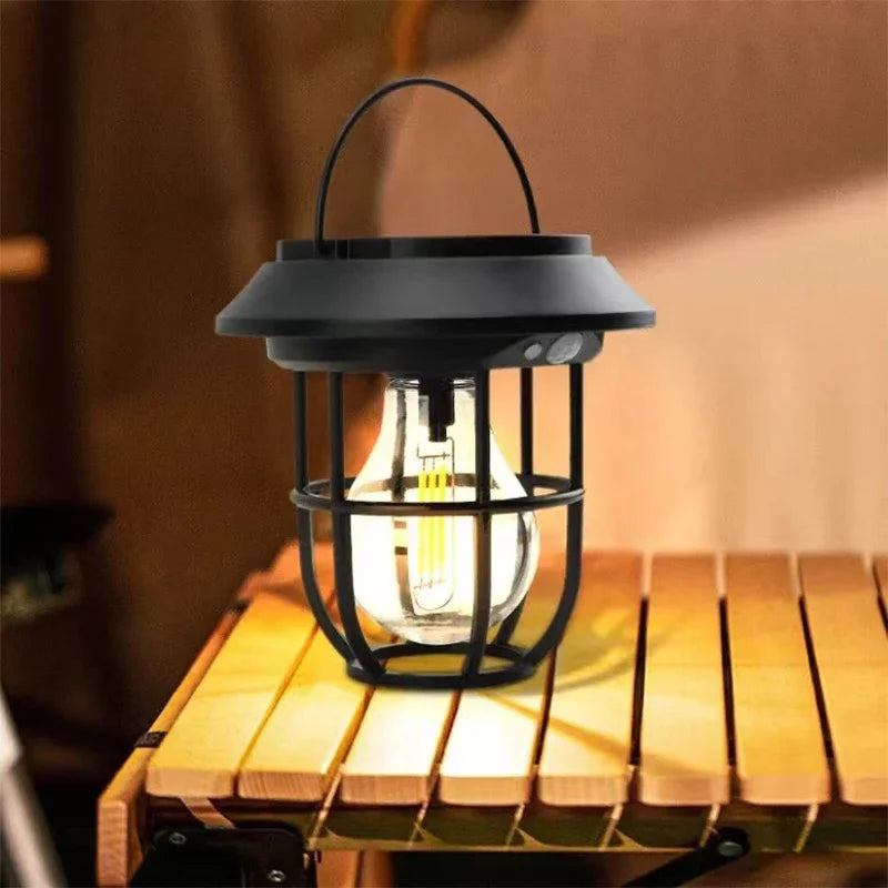 lampe solaire led murale vintage cage métallique verre opalin noir filament decoration extérieur ip65