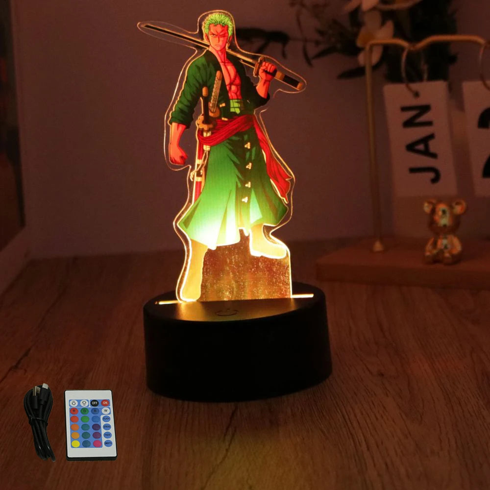 lampe led 3d anime luffy zorro cracked surface télécommande câble usb nocturne rouge vert