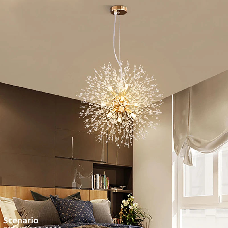 lustre suspension moderne cristal transparent doré luminaire salon restaurant élégant contemporain