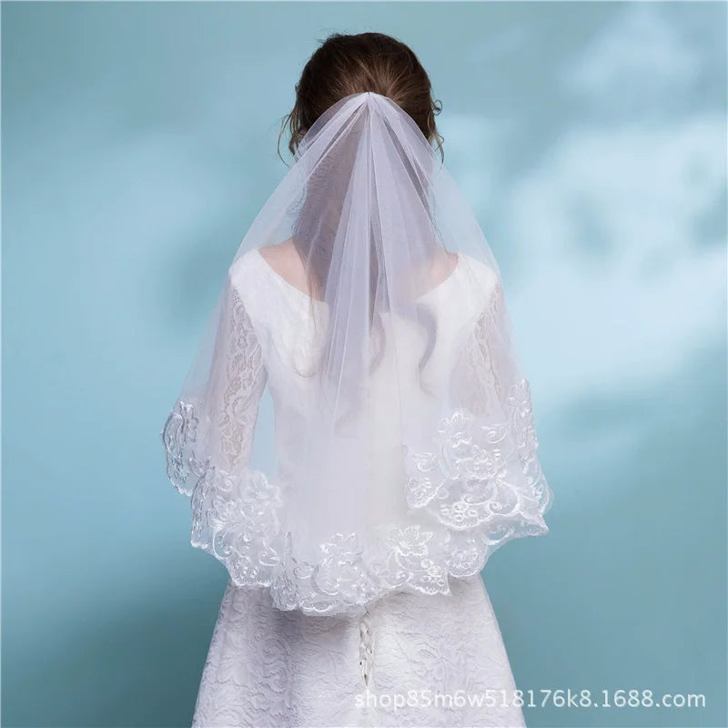 voile mariée blanc broderie florale classique bord dentelle polyester unique