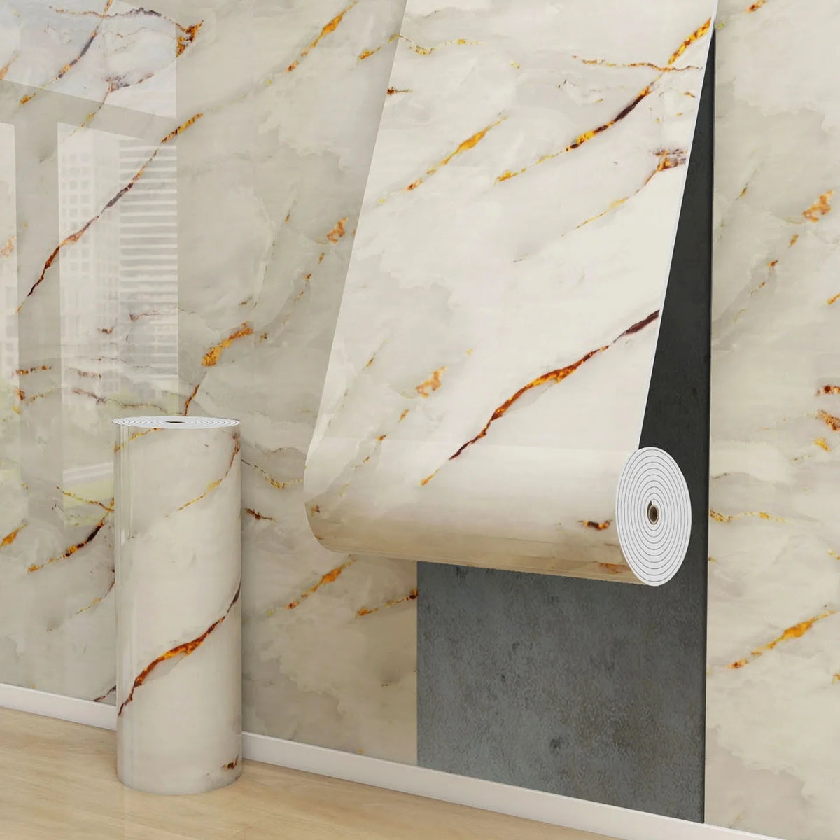 papier peint autoadhésif marbre moderne veines dorées résistant l'eau blanc gris or chambre cuisine