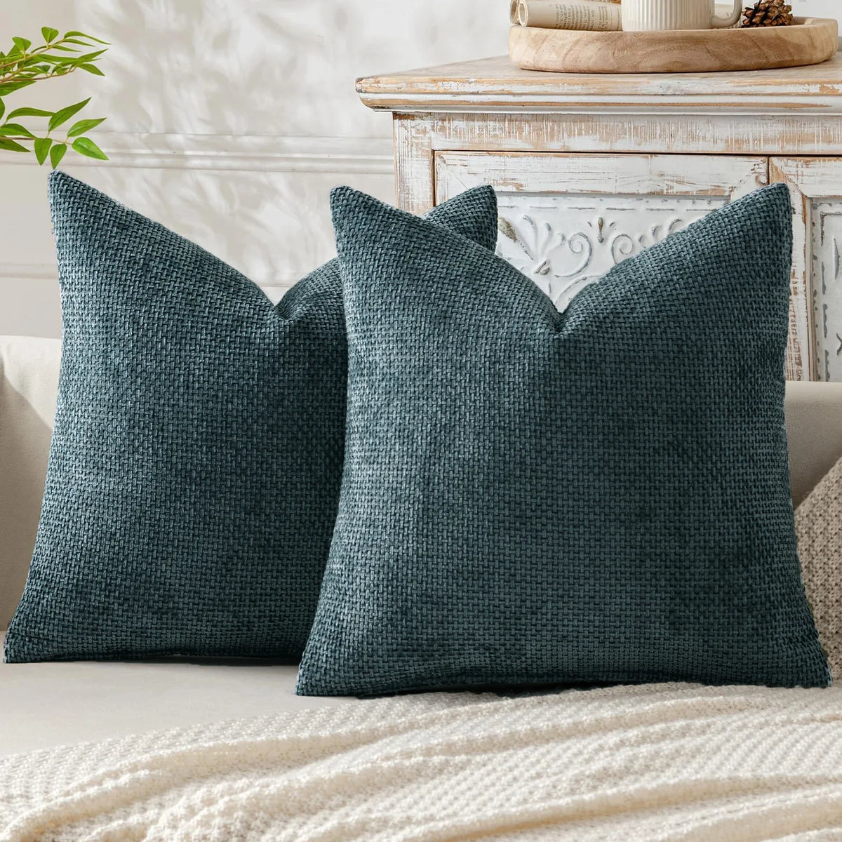 housse coussin carré tissage texture polyester coton moderne bleu marine clair beige marron