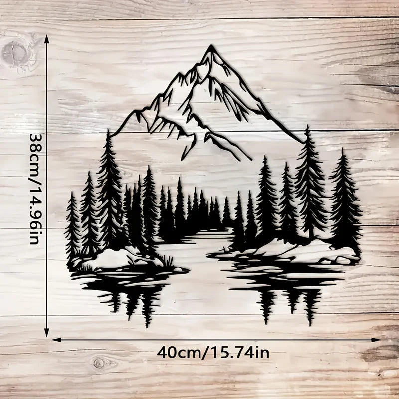 tableau mural noir paysage montagneux arbres lac montagne enneigée graphique minimalisteintérieur décoration salon
